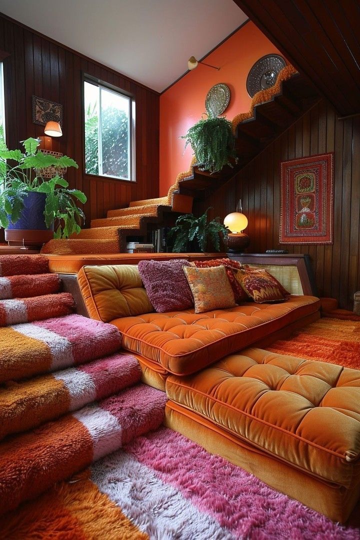 an orange couch sitting in the middle of a living room next to a stair case