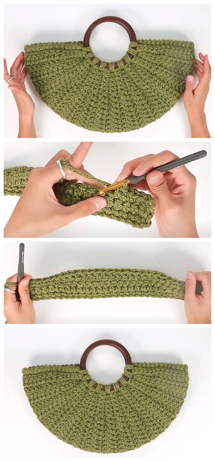 the crocheted purse is being worked on by someone using scissors to cut it