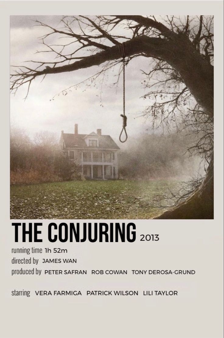 the conjuring movie poster with an old house in the background and a swing hanging from a tree