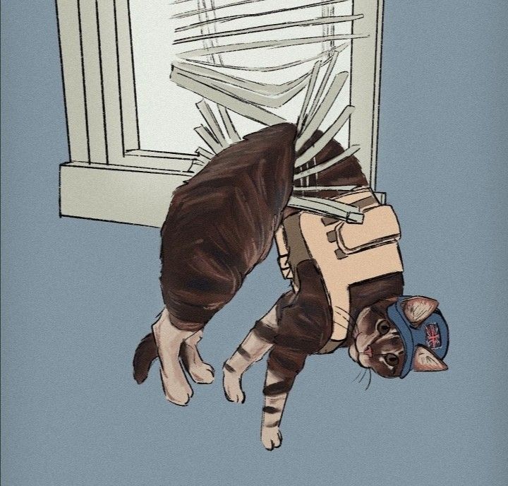 a drawing of a cat in front of a window with its head on the ground