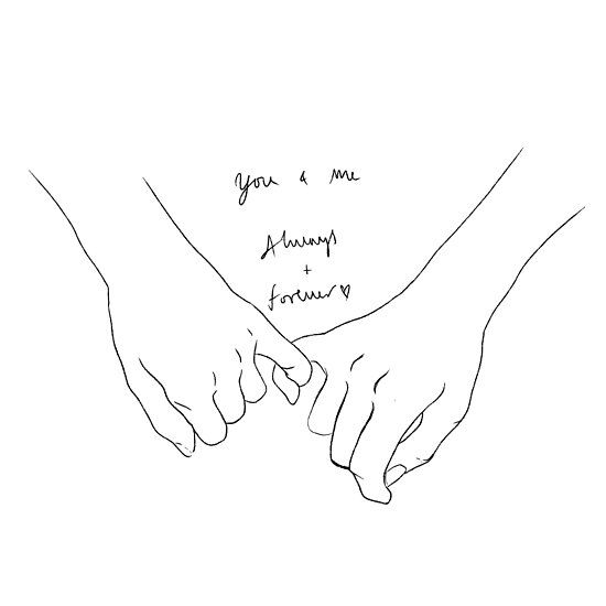 two hands holding each other with the words you and me always forever written on them