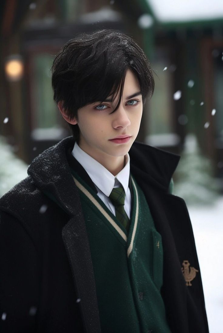 a young man wearing a green sweater and black coat in the snow with his eyes closed