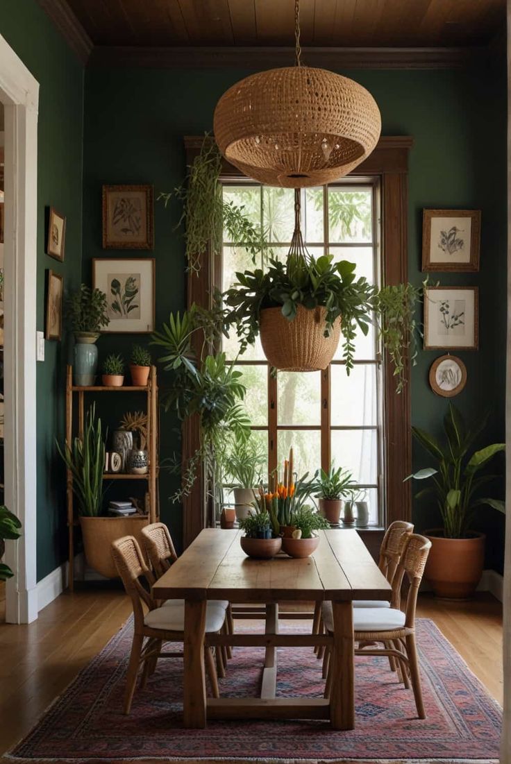 Boho Dining Room Decor Ideas with lush botanicals indoor freshness 2 Boho Living Room With Green Walls, Dining Room Hygge, Green Victorian Dining Room, Black White Green Dining Room, Black Brown Green Dining Room, Green Living And Dining Room, Modern Cozy Dining Room Ideas, Green Black Wood Dining Room, 30s Home Decor