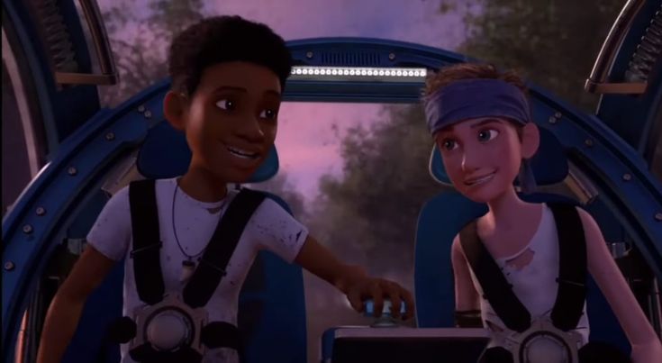 two animated people are sitting in a space station