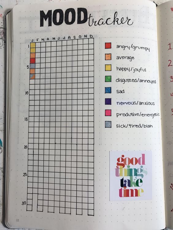 an open notebook with some sort of sud puzzle on it's cover and the words mood tracker written in black