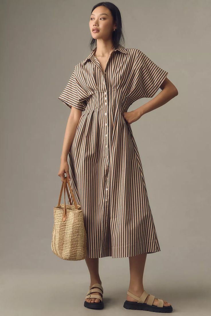 The Tobie Button-Front Pleated Shirt Dress by Exquise | Anthropologie Pleated Shirt Dress, Pleated Shirt, Exclusive Dress, Midi Shirt Dress, Denim Design, Cozy Knits, Petite Outfits, Denim Shop, Leisure Wear