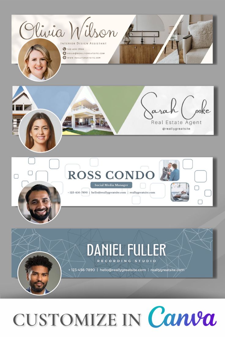 three different banners with photos and text on them, one is for a real estate