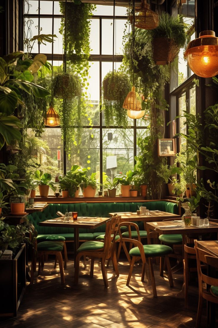 a restaurant with lots of plants hanging from the ceiling and tables in front of large windows