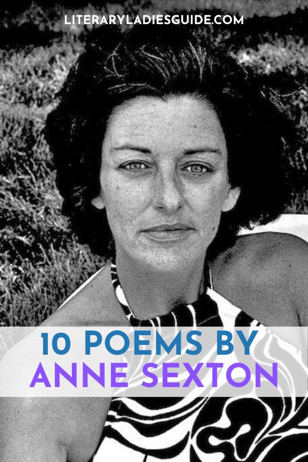 a woman sitting in the grass wearing a neck tie and looking at the camera with text overlay reading 10 poem by anne sexon