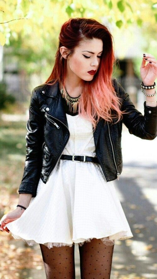 Leather Jacket & White Dress Red Hair And Black, Girly Punk, Styl Grunge, White Petticoat, Punk Chic, Bottle Rocket, Moda Rock, Look Grunge, Mode Rock