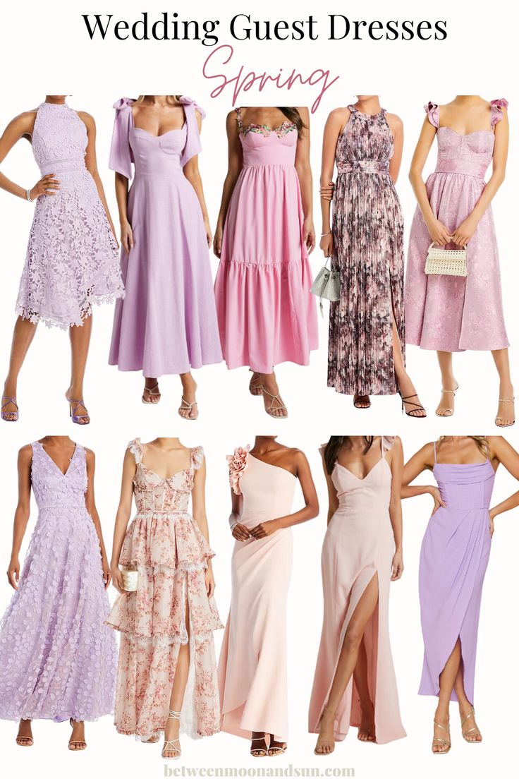 Discover 40 wedding guest dresses for a wedding in Spring or Summer. Floral patterns, bright, vibrant and pastel colors. Dresses that effortlessly blend elegance with ease. Find your perfect formal or casual wedding guest outfit for a garden ceremony or a chic city soirée. These dresses ensure that you'll look your best! #WeddingGuestOutfit #WeddingGuestDress ##WeddingGuest #SpringWeddingGuest #SummerWeddingGuest #WeddingGuestAttire Pastel, Spring Wedding Guest Dress Formal, Wedding Guest Summer Formal, Summer Formal Dresses Wedding Guest, Pastel Color Outfit Classy, Elegant Summer Dresses For Wedding Guest, April Wedding Guest Outfit, Garden Formal Attire, Pastel Colors Dresses