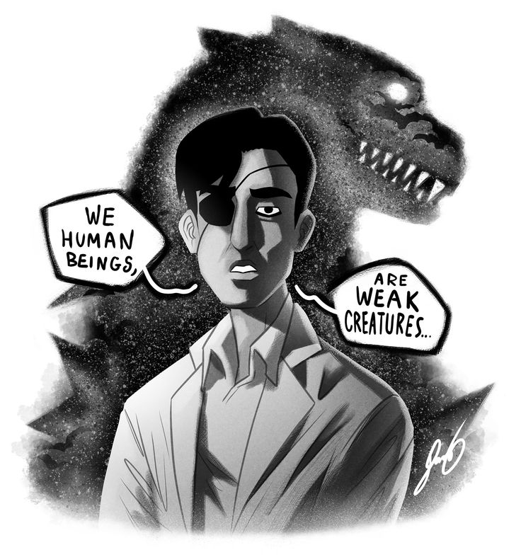 a drawing of a man in front of a dinosaur with speech bubbles above his head