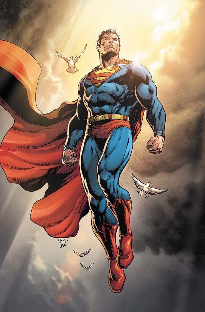 superman flying through the air with his cape over his head and birds in the background
