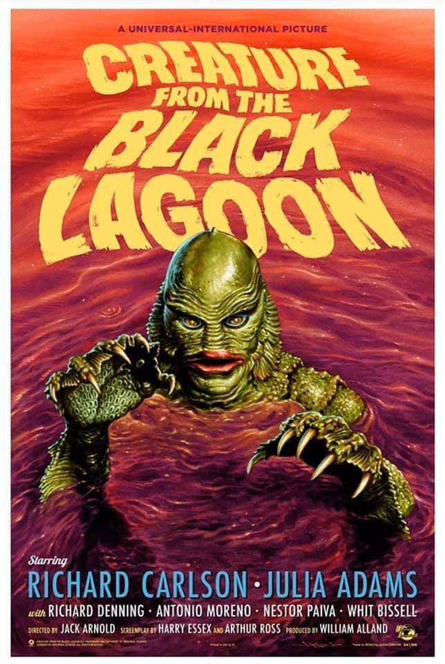 creature from the black lagoon movie poster with an image of a creature in purple water