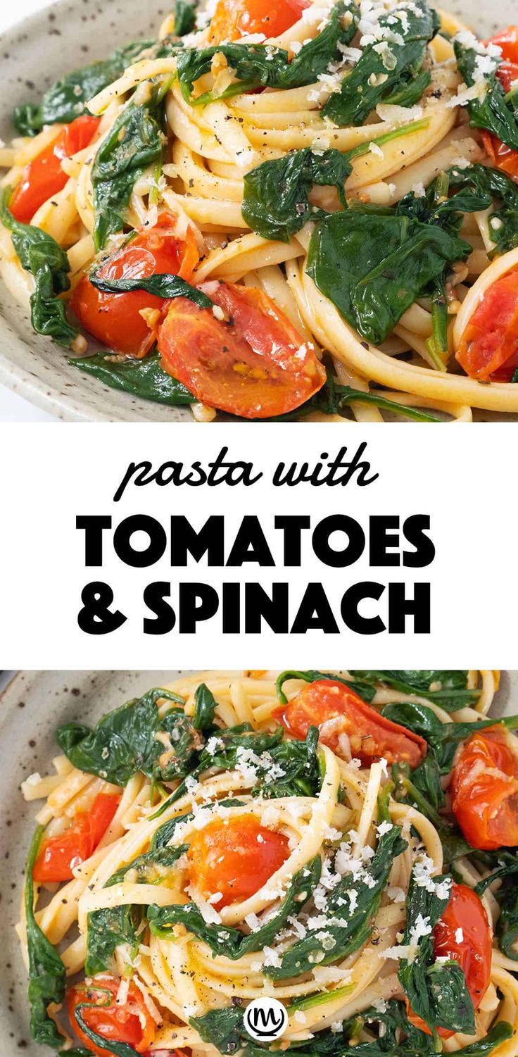 pasta with tomatoes and spinach in a white bowl