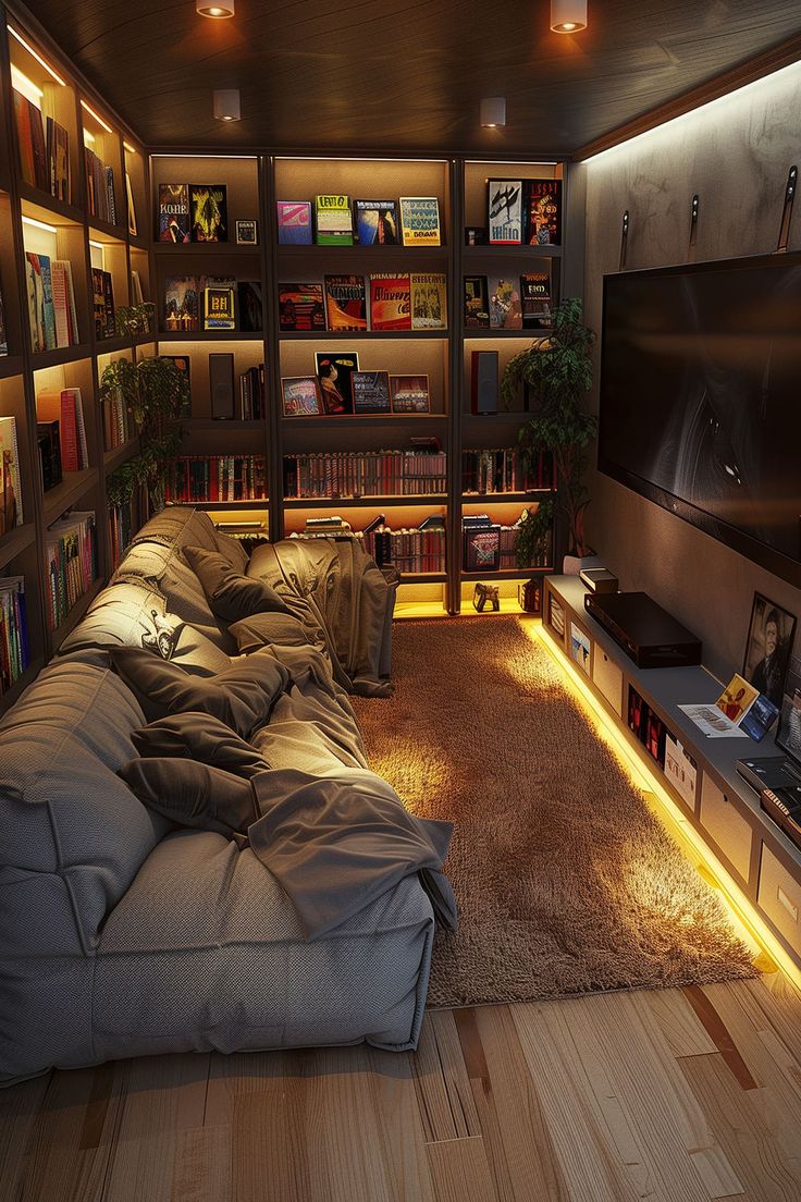 a living room filled with furniture and bookshelves next to a flat screen tv