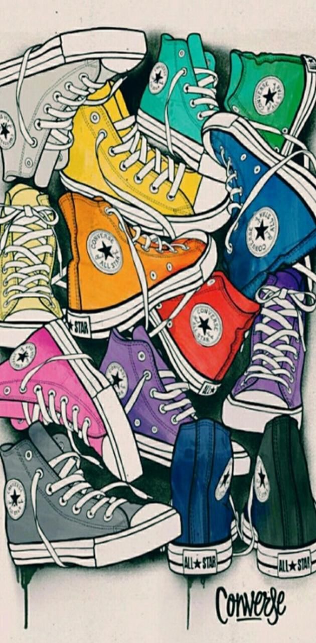 a drawing of colorful converse shoes on top of each other