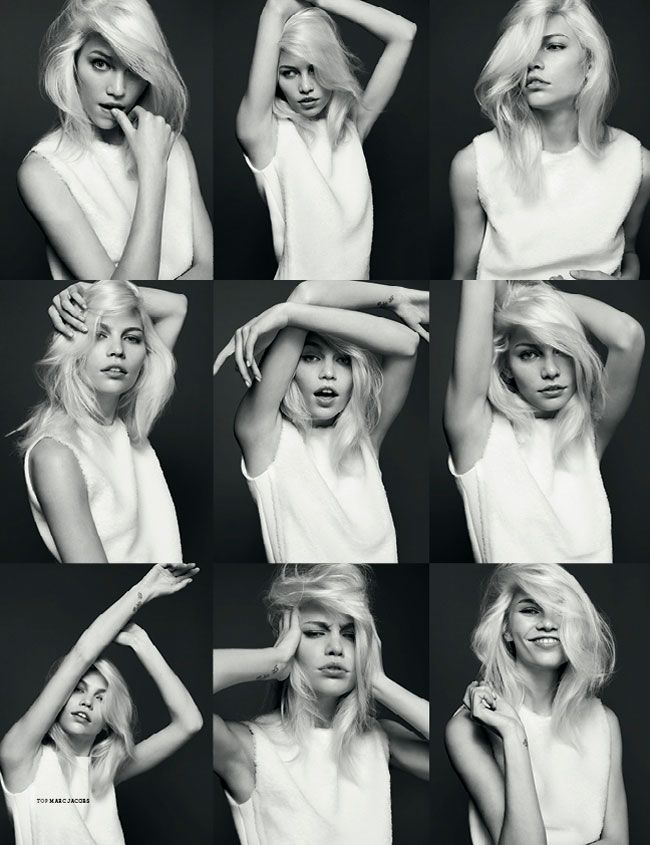 black and white photo collage of blonde woman in various poses with her hands on her head