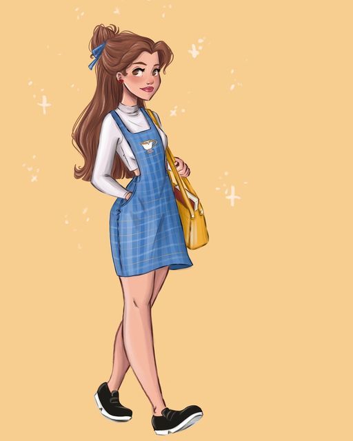 a cartoon girl with long brown hair wearing a blue dress and holding a yellow purse