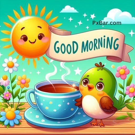 a cup of coffee with a bird next to it and the words good morning above it