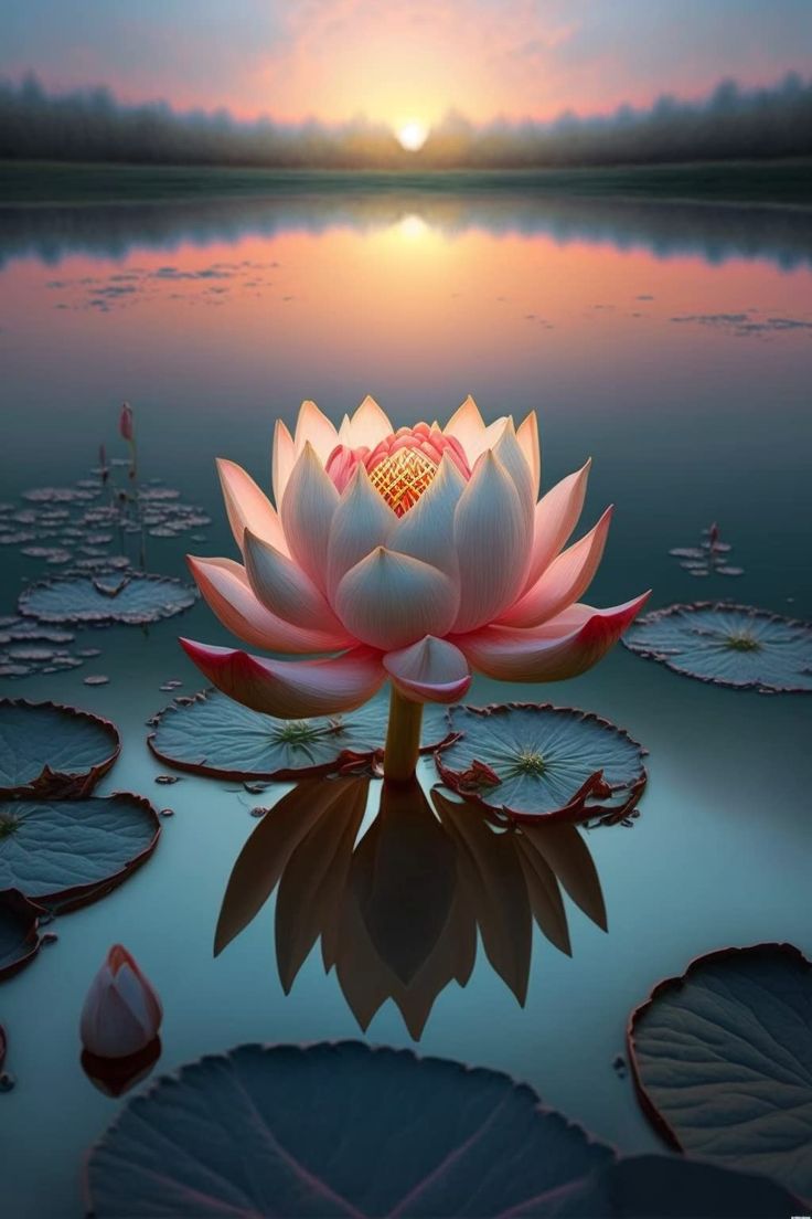 a large pink flower sitting on top of a lake surrounded by lily pads at sunset