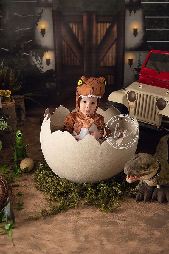 there is a baby in an egg with dinosaurs around it and a jeep on the other side