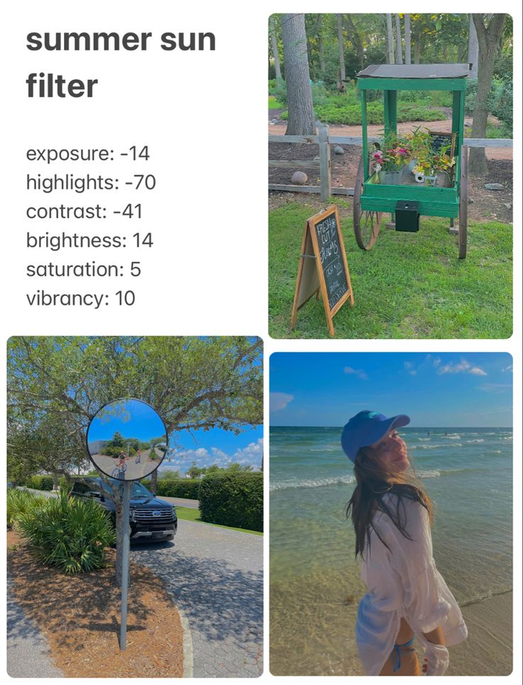 a girl standing in front of a mirror next to the ocean and a sign that says summer sun filter