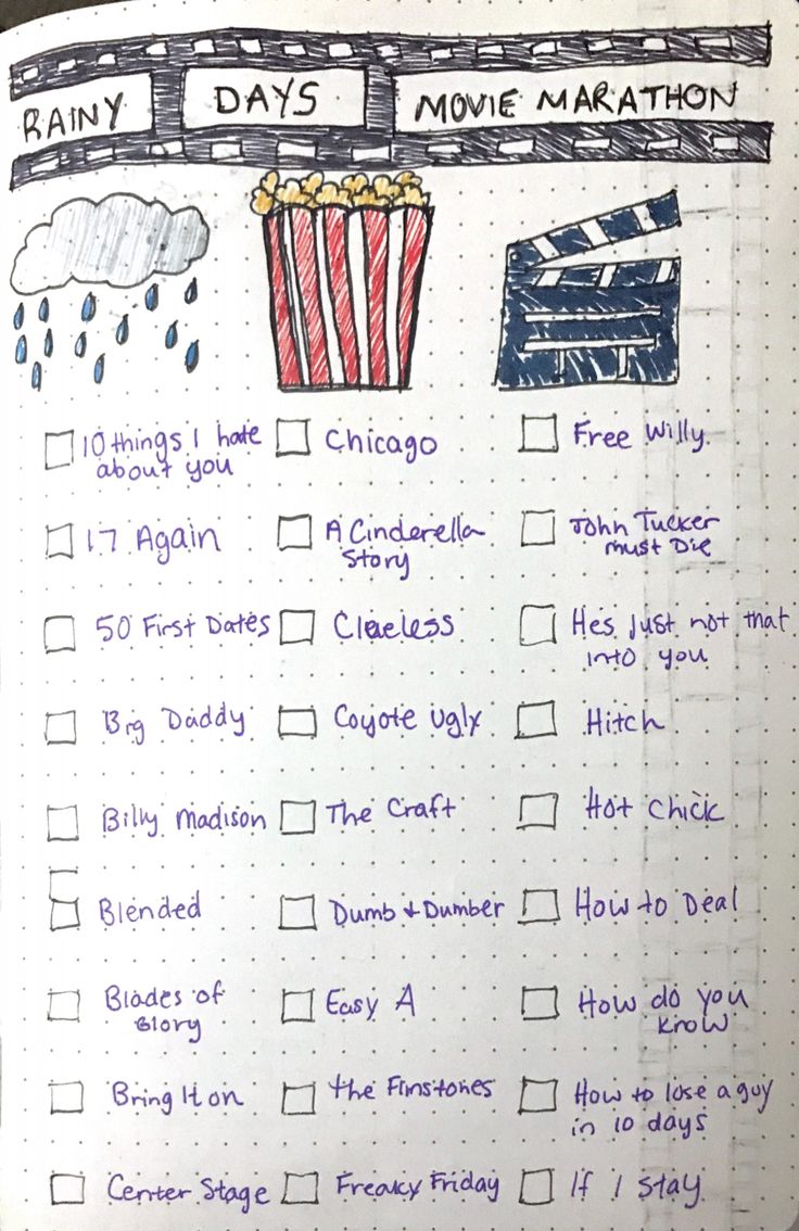a notebook with some writing on it that says rainy days, movie marathon and popcorn