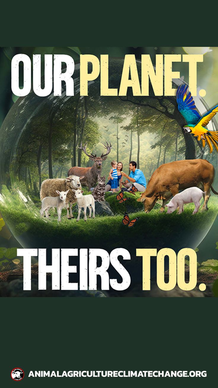 an image of animals and people in the forest with text that reads, our planet theirs too