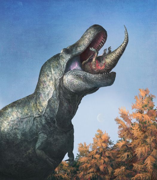 an artist's rendering of a dinosaur with its mouth open