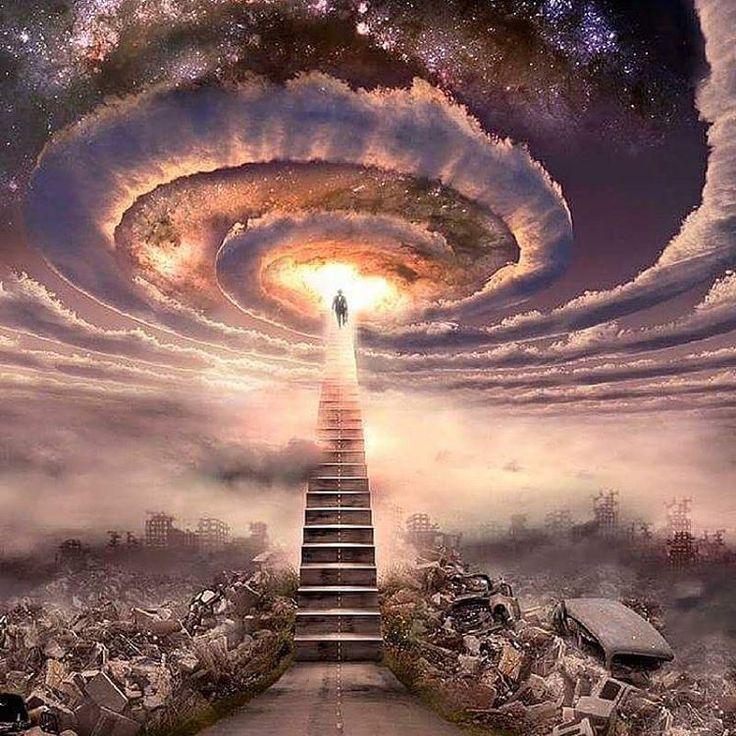 a stairway leading up to an open sky filled with clouds and stars in the center