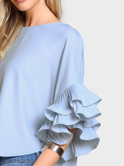 Shop Pleated Ruffle Sleeve Dolphin Hem Top online. SheIn offers Pleated Ruffle Sleeve Dolphin Hem Top & more to fit your fashionable needs. Corak Menjahit, Kurti Sleeves Design, Afrikaanse Mode, Salwar Kamiz, Sleeves Designs For Dresses, Designs For Dresses, Stylish Dress Designs, Hem Top, Indian Designer Wear