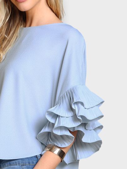 Shop Pleated Ruffle Sleeve Dolphin Hem Top online. SheIn offers Pleated Ruffle Sleeve Dolphin Hem Top & more to fit your fashionable needs. Corak Menjahit, Kurti Sleeves Design, Afrikaanse Mode, Salwar Kamiz, Sleeves Designs For Dresses, Designs For Dresses, Stylish Dress Designs, Indian Designer Wear, Fesyen Wanita