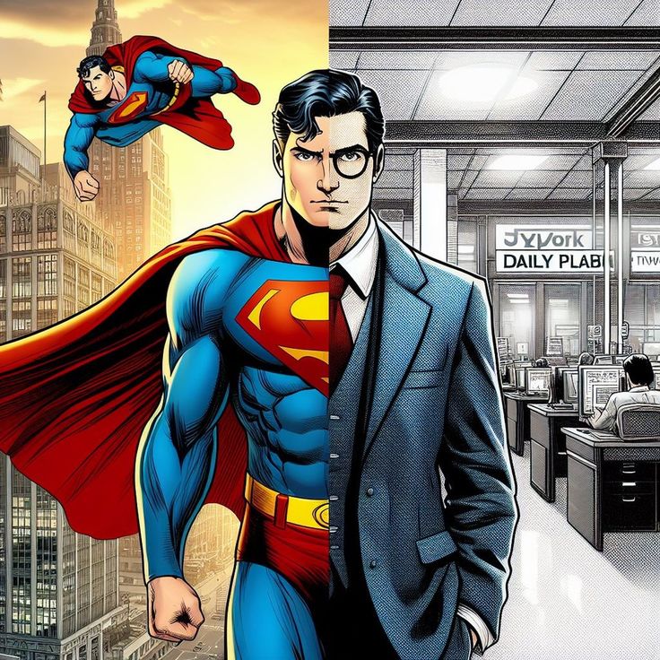 a man in a suit and tie standing next to an office with superman flying over his head
