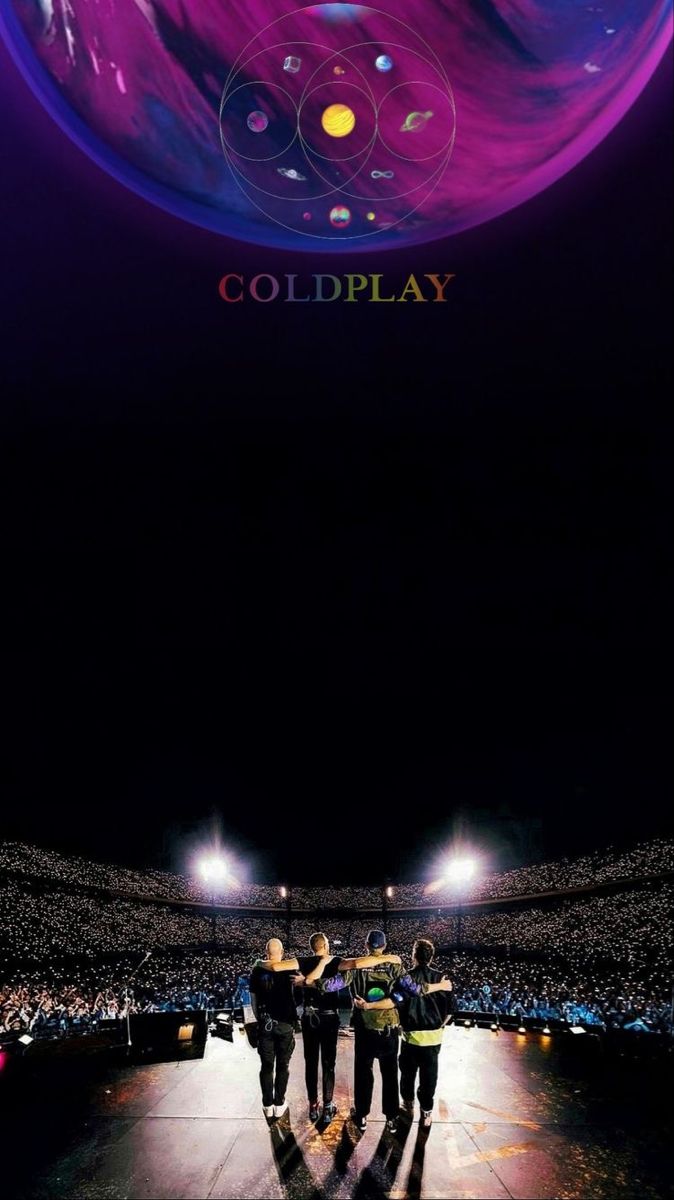 the poster for coldplay shows three people standing in front of an audience