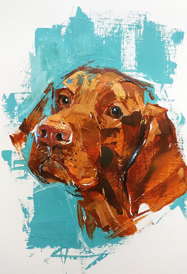 a painting of a brown dog on a blue and white background with the head of a dog