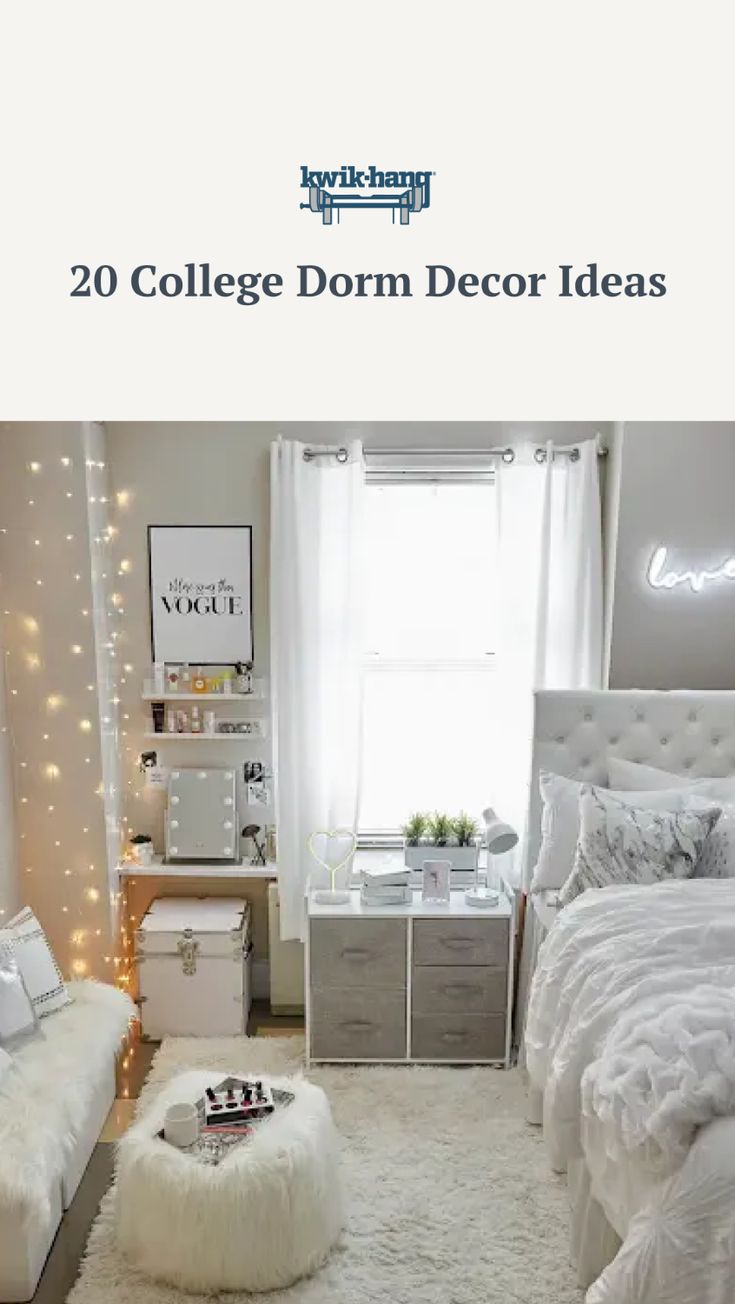 a college dorm room decorated in white and gray