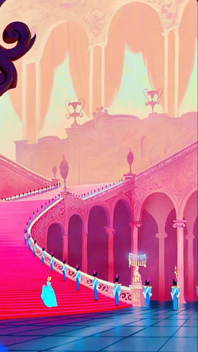 the princess and the frog are walking down the red carpeted stairs in this animated scene