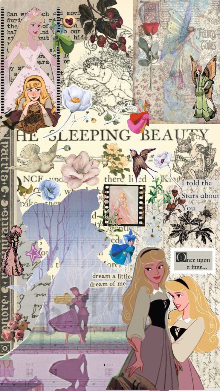 the sleeping beauty poster is shown with many different pictures and words on it's side