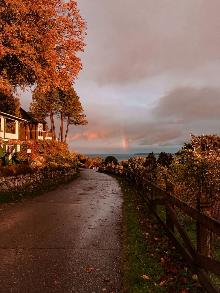 an empty road with houses and trees on both sides during the fall or winter season