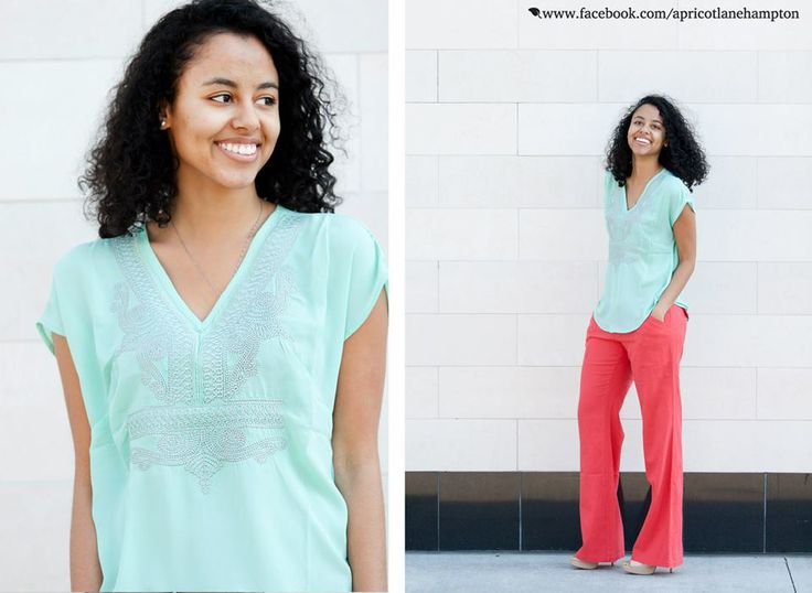 Mint Embriodery Top $33.00 Coral Linen Pants $28.00  For immediate assistance in ordering, please call (757) 262-0200 and we can process your order over the phone.  Ashley Vanley Photography Photography, Trousers, Coral, Apricot Lane, Linen Pants, Sweater Top, The Hamptons, Mint, Pants