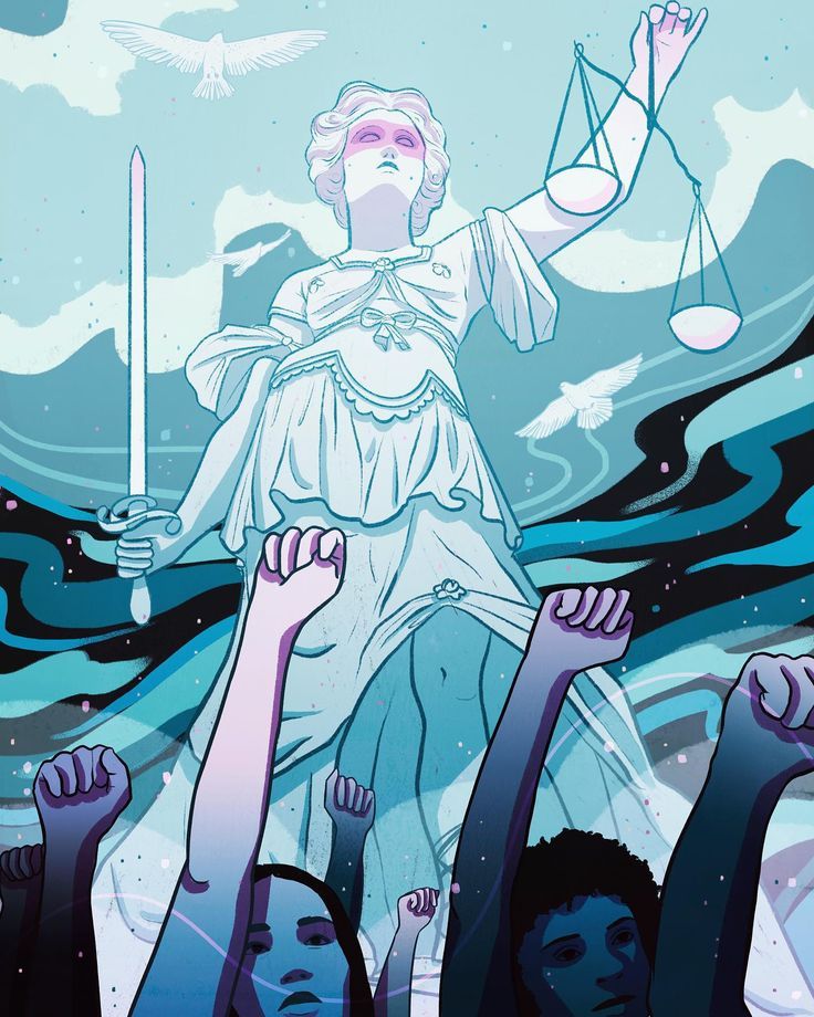 a lady justice statue surrounded by people raising their hands in front of her with the scale of them