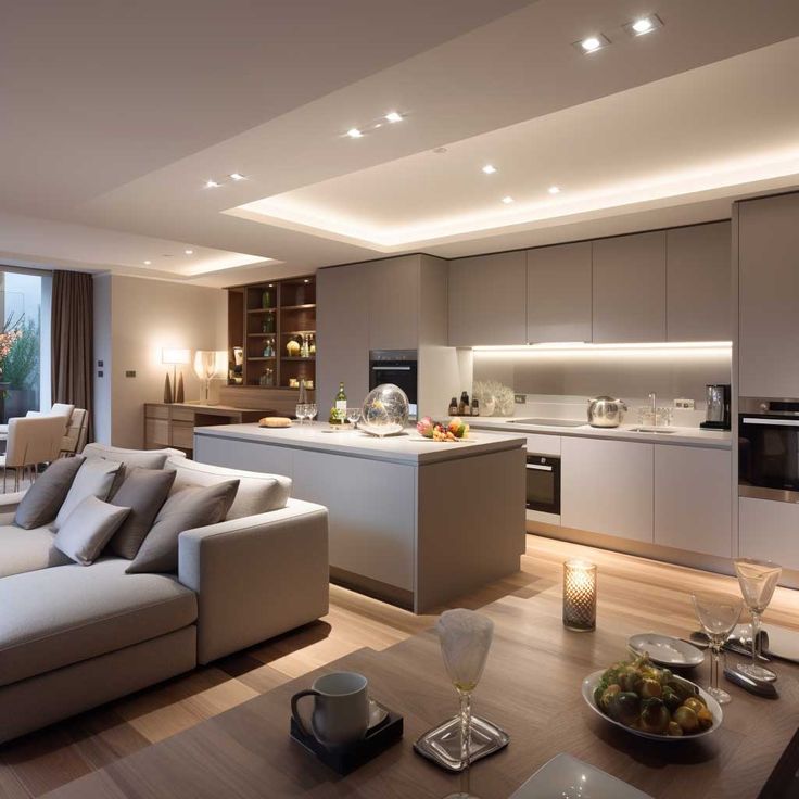 a living room filled with furniture next to a kitchen and dining room table in front of a large window