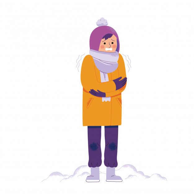 a person standing in the snow wearing an orange coat and purple pants with a scarf around their neck