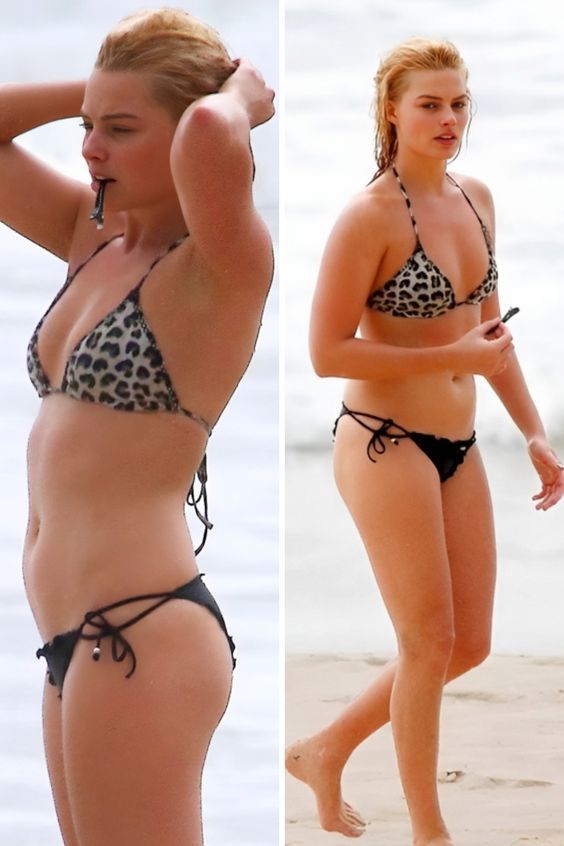 two pictures of a woman in bikinis on the beach, one with her hand up to her head