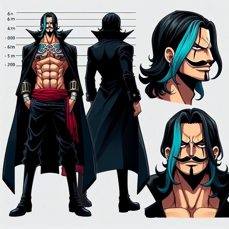 an anime character with blue hair and beards, wearing black clothes while standing next to each other