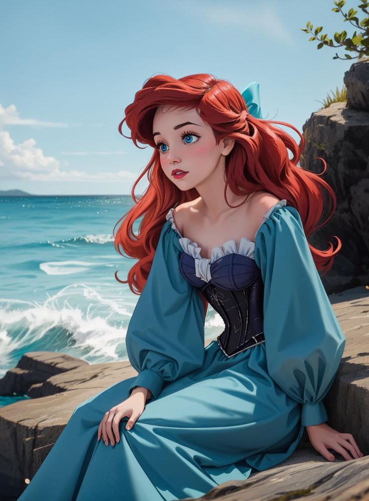 a woman with red hair sitting on top of a rock next to the ocean wearing a blue dress