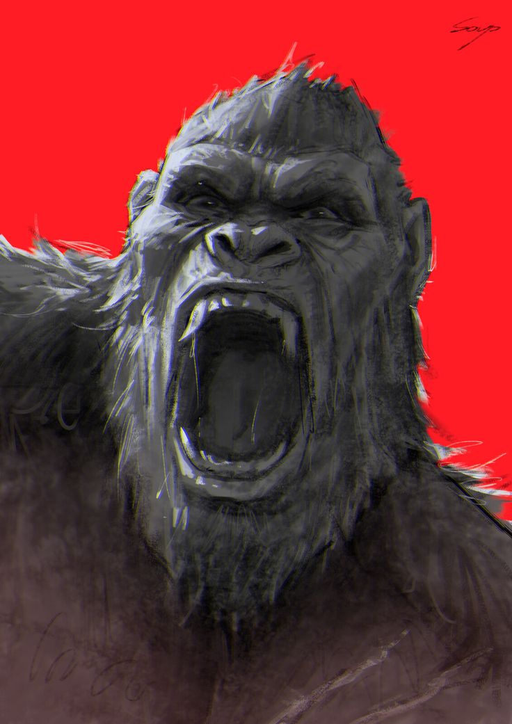 a gorilla with its mouth open and it's tongue out in front of a red background