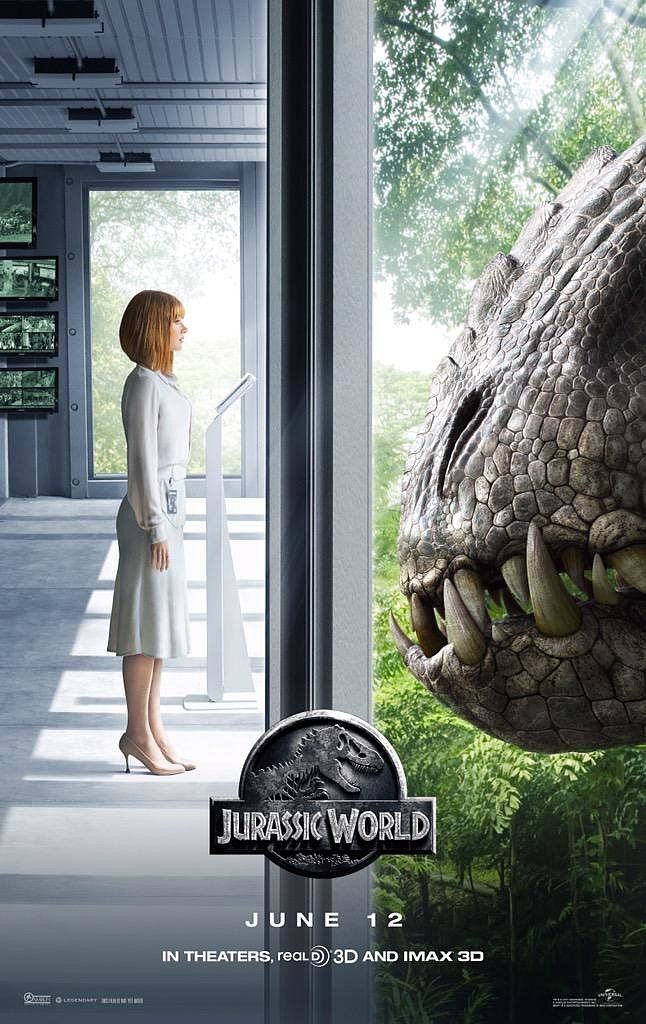 a woman standing next to a dinosaur in front of a window with the words jurasio world on it