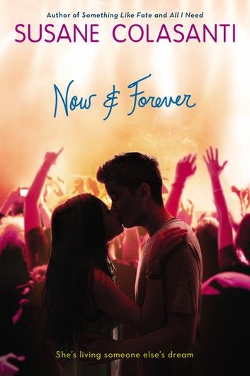 the cover of new & forever by susane colasani, featuring two people kissing in front of a crowd